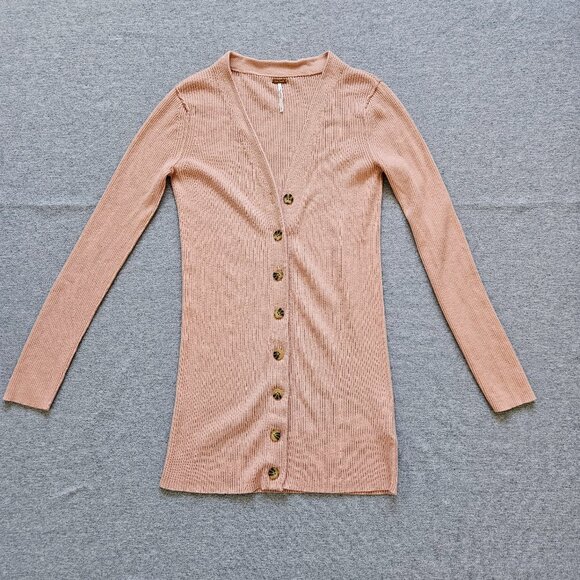 Free People Pink Ribbed Long Cardigan Sweater Size S Button Cashmere Silk Cotton - Picture 3 of 5